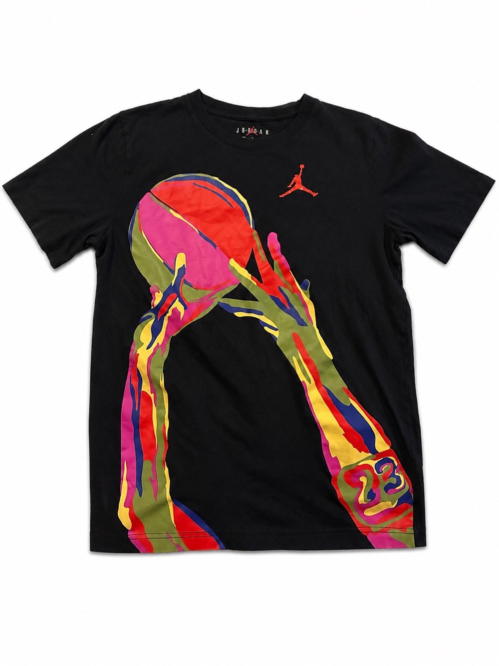 Jordan Black Tee with Multicolor Neon Basketball Graphic
